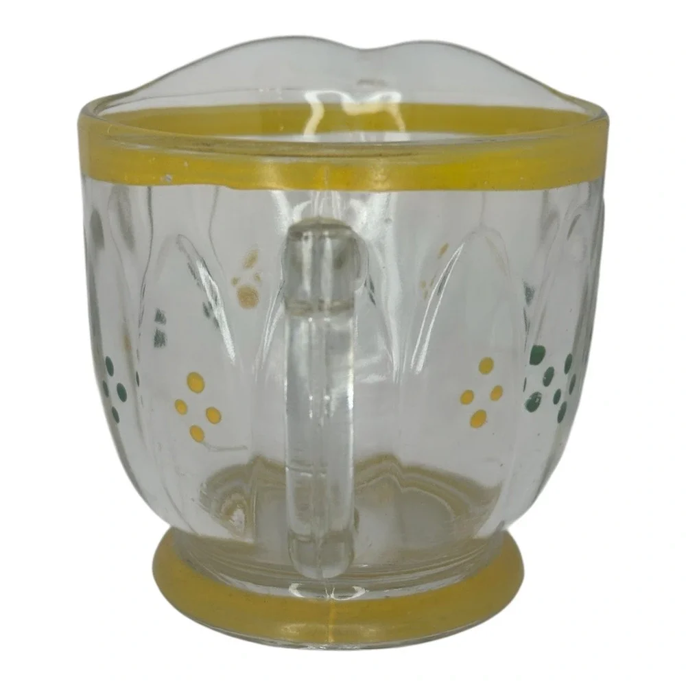 Vintage Hand Painted Glass Creamer Pitcher Yellow Green Dots Paneled Clear Glass